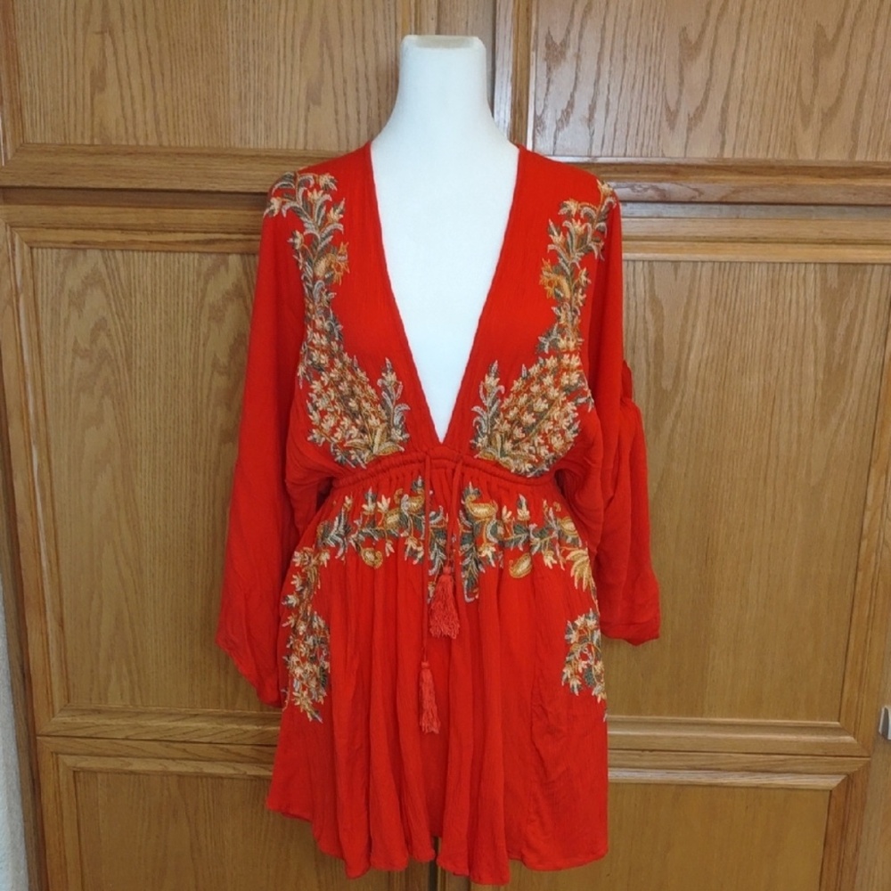 Free People Pretty Pineapple Mini Dress Embroidered Womens XS Red - Picture 2 of 11
